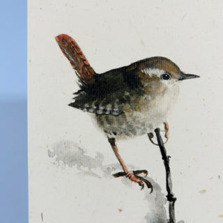 Aquarell-Illustration eines Zaunkönigs im Schnee mit Ast.